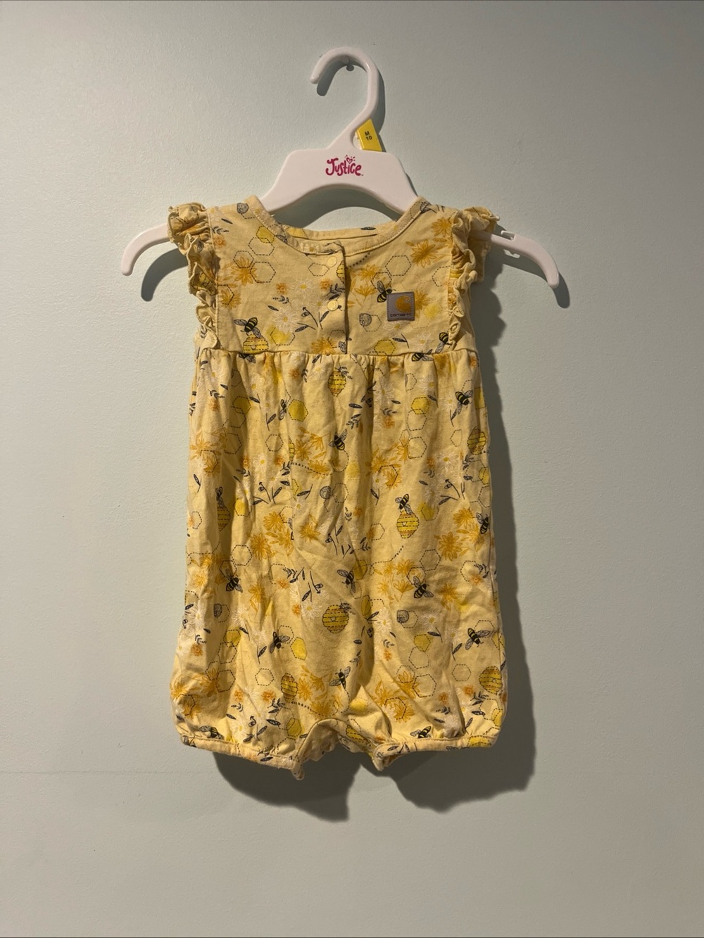 Carhartt Infant Girls Pale Yellow Sleeveless Bee Print Romper, Size 18M
